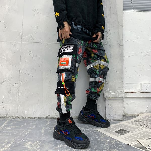 

fleece camouflage jogger sweatpants mens 3m reflective loose elastic waist loose baggy track pants male streetwear cargo pants, Black