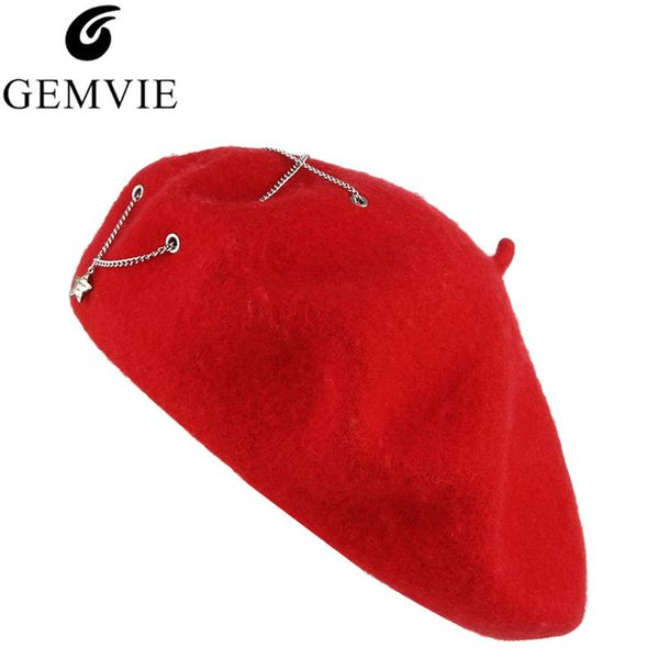

2020 autumn winter hats women cap fashion solid color berets pendant chain decor beret cap vintage painter hat warm woolen beret, Blue;gray