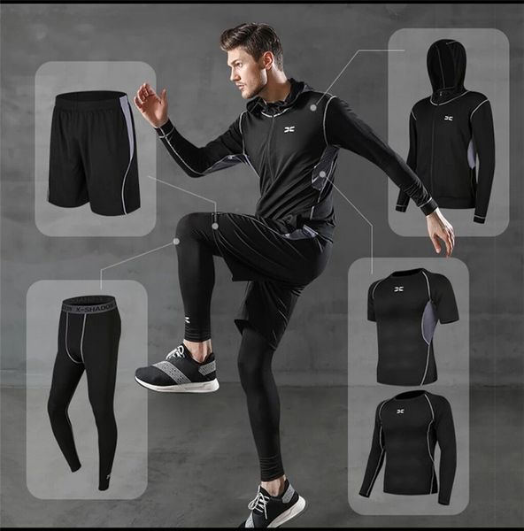 

2020 5 pcs/set men's tracksuit gym fitness compression sports suit clothes running jogging sport wear exercise workout tights, Gray