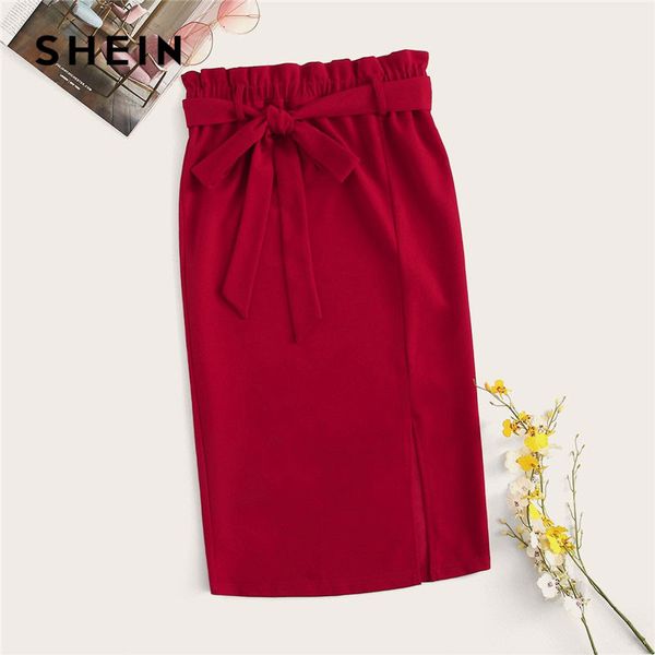 

shein red paperbag waist belted split hem pencil skirt women spring solid elegant high waist bodycon skirt lady midi, Black