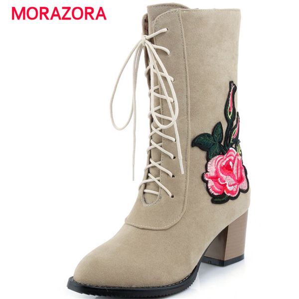 

morazora big size pointed toe high heel women boots autumn winter square heel mid calf boots fashion cross tied knight, Black