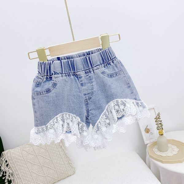 

2020 girls' denim shorts lace shorts pants children's loose thin lace pants fashionable comfortable, Blue