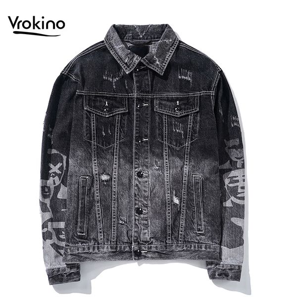 

2019 spring and autumn new men's printed denim jacket fashion men's hip hop street loose black denim brand clothing, Black;brown