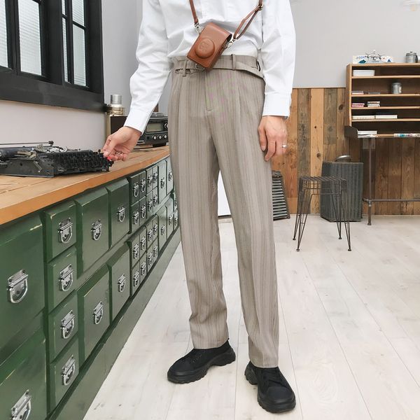 

men vintage fashion streetwear hip hop elastic waist stripe causal pant male business straight suit pant harem trousers, Black