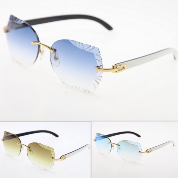 Beliebte geschnitzte Spiegellinse, randlose Sonnenbrille, Original-Weiß-Mix, schwarze Büffelhorn-Brille, Gold, Blau, Rot, Mode, Mode-Accessoires, gute Qualität aus Metall