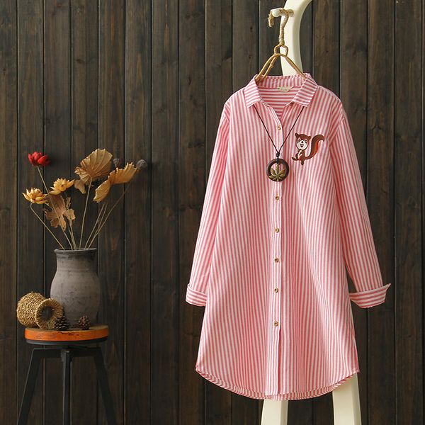 

harajuku spring cute animal embroidery shirt woman literary casual turn down collar female loose vertical striped blouse, White