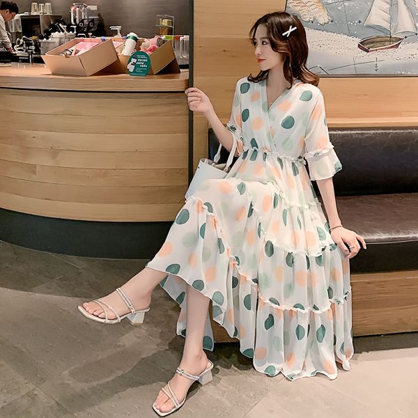 

summer postpartum women lactation dress short flare sleeve block polka dot chiffon nursing dress maternity breastfeeding clothes, White