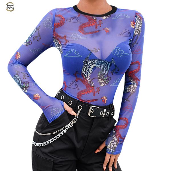 

casual spring new women womens slim high collar long sleeved mesh perspective cartoon printing short t shirt 2019 new a30, White