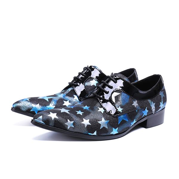 

new pointed toe lace-up blue stars leather shoes men dress evening party wedding flat shoes, Black