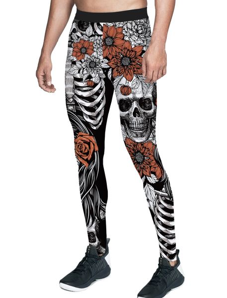 

skull girl flower horror pants men independence day non see-through hidden pocket high waisted animal print knee length compress, Black