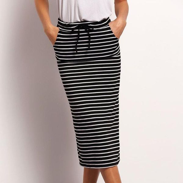 

stripe pocket skirt womens summer fashion hight waist summer elastic skirt s-2xl elegant office ladies party club skirts, Black