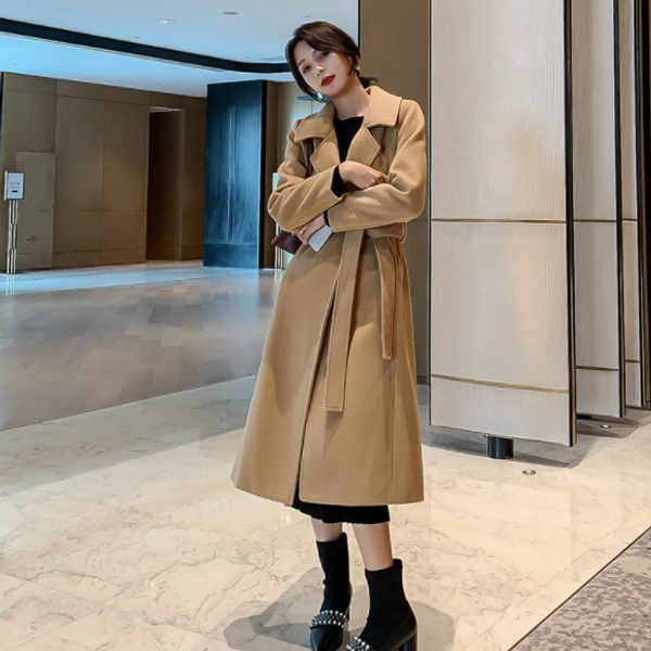 

women elegant winter overcoat bandage woolen long coat cardigan loose wool blends coat with belt db154, Black
