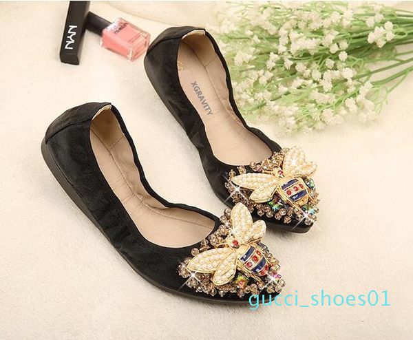 

xgravity bee designer crystal woman big size flat shoes elegant comfortable lady fashion rhinestone women soft girl shoes, Black