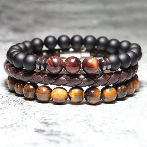 

diffone 3pcs/set men's healing stone bracelets real natural tiger eyelava beads braclet for hombre minimalist leather braslet, Black