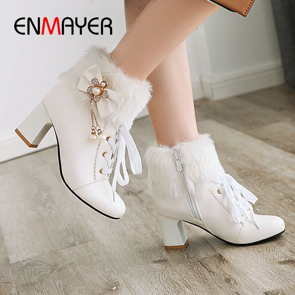 

enmayer pearl round toe square heel solid women shoes pu bow string bead lace-up metal chain pearl pink high boots rhinestone, Black