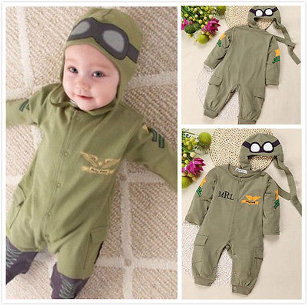 

spring autumn cute baby boy army pilot rompers kids infant cotton romper+hat cap jumpsuit todder one-pieces outfits set 6-24m, Blue