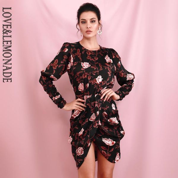 

casual dresses love & lemonade round neck brown print open back long sleeve cross fit mini dress 2021ss lm81226, Black;gray