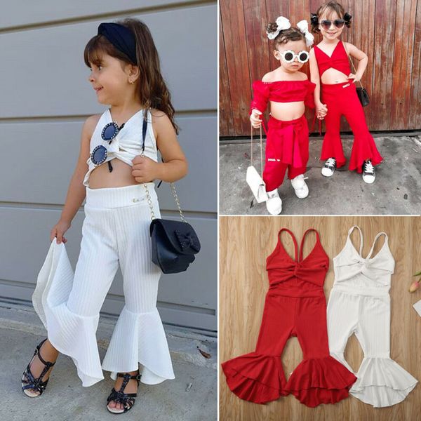 

1 to 6 years newborn infant toddler kid baby girl bow romper jumpsuit outfit bodysuit clothes set flare pants solid soft outfits, White
