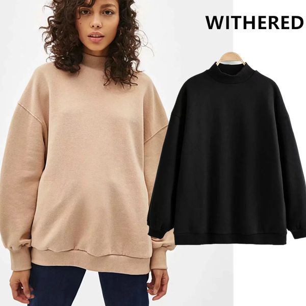 

withered winter hoodies women england style high street vintage turtleneck solid fleecing oversize hoodies sweatshirt pullovers, Black