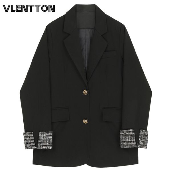 

2020 spring black vintage plaid sleeve splice blazers jackets women chic pockets loose suit coat female office blazer femme, White;black