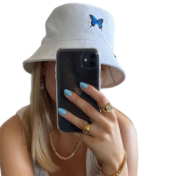 

новая мода женщина дама бабочка вышитые fisherman hat простой козырек шапка открытой повседневный sun hat ведро шляпа, Blue;gray