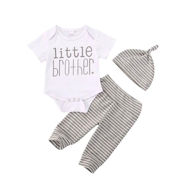 

boys short-sleeved letter printed romper + striped trousers + beanie hat 3 piece outfits, White