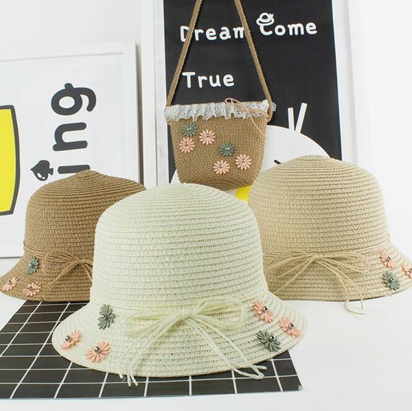 

kids straw sun hat handbag sets children beach caps prop outfit 10 colors, Yellow