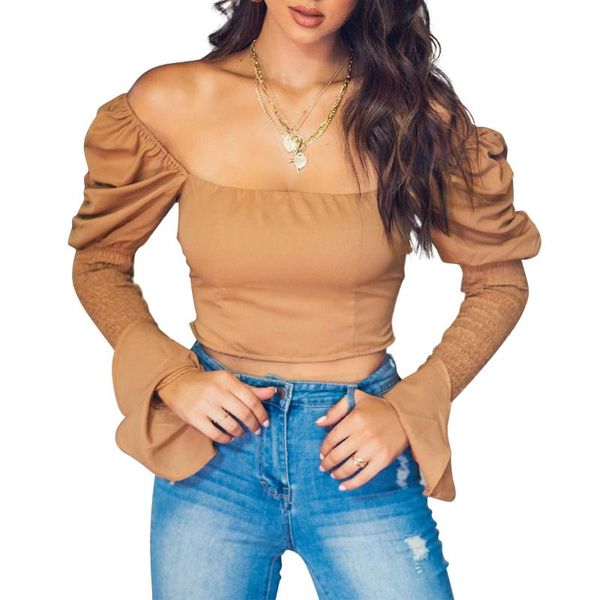 

2020 new fashion elegant women long flare sleeve ruffled flounce blouse casual off shoulder workout shirt top, White
