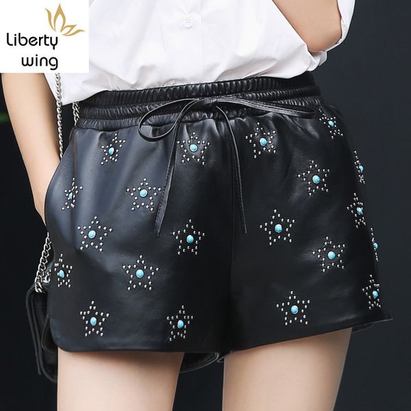 

women's shorts summer fashion female real leanther trousers casual print stars streetwear skinny elastic mid waist sheepskin woman, White;black