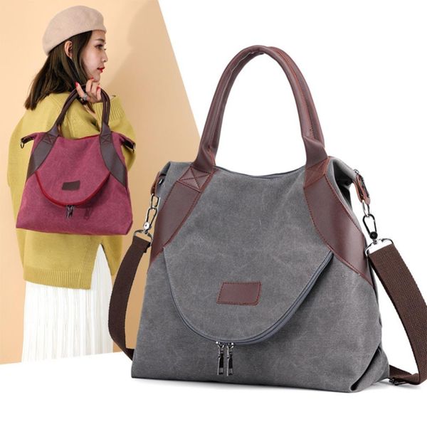 

2019 large pocket casual tote women handbag shoulder handbags canvas leather capacity bags for women sac a main