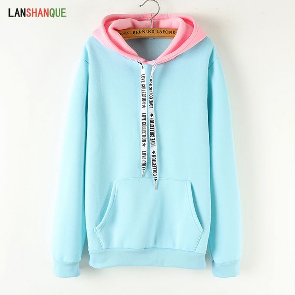 

lanshanque black pink color patchwork hoodie pullover woman long sleeve hooded sweatshirt 2018 kpop autumn harajuku tracksuit