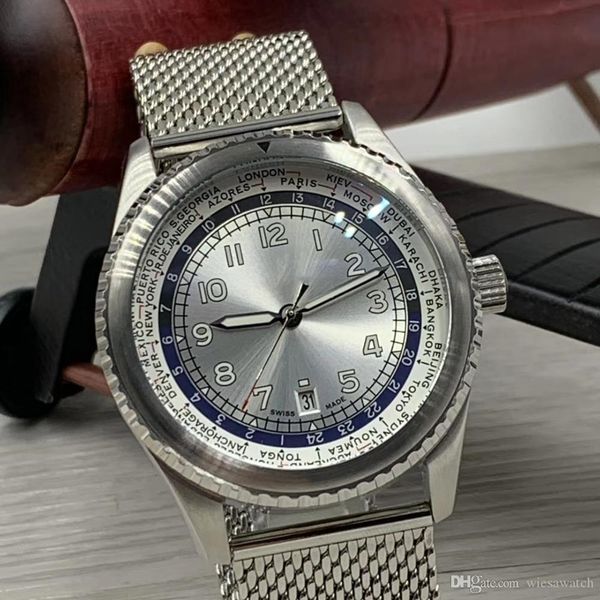 

navitimer 8 unitime mens watches automatic mechanical luminous hands silver dial classic watch stainless steel mesh bracelet wristwatches, Slivery;brown