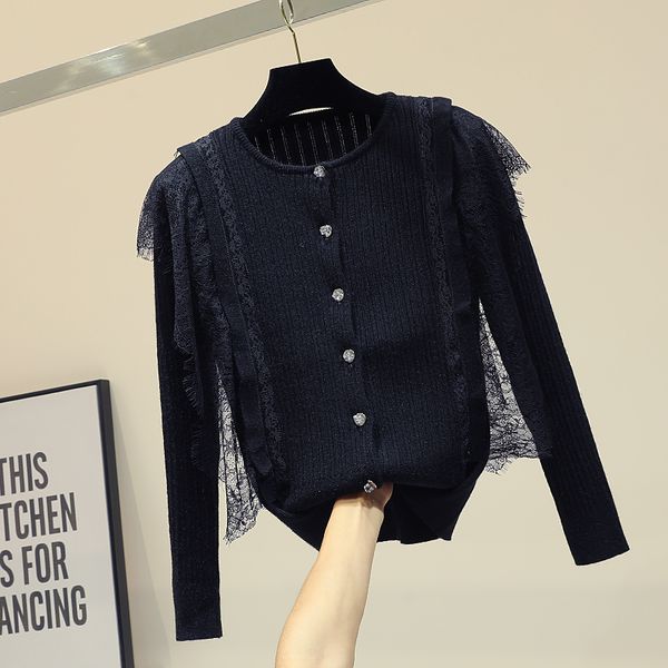 

elegant patchwork lace long sleeve knitted sweaters for women o neck single breasted all-match female knitting cardigans, White