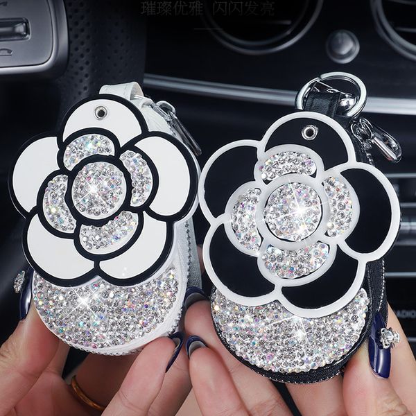 

camellia diamond car key chain bag for women girls rhinestone leather car key ring with crystal birthday gift