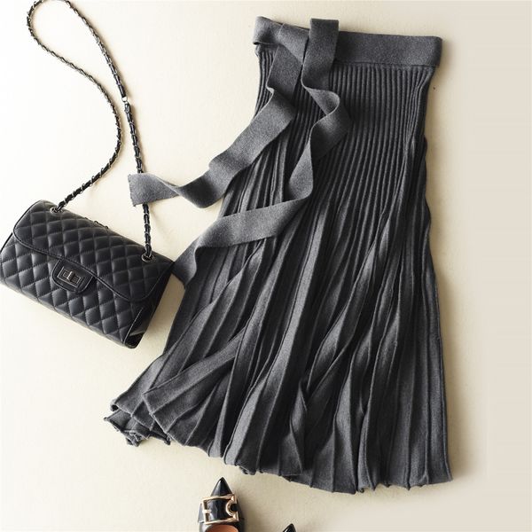 

autumn and winter new women's high waist pleated skirt fashion a word skirt knit bottomed skirt ing, Black