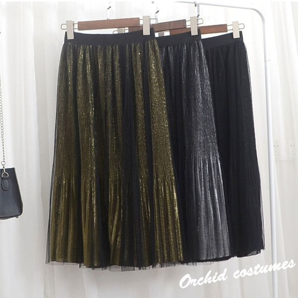 

2019 new metallic gauze heavy mesh gauze skirt in the long pleated skirt personality fashion natural, Black