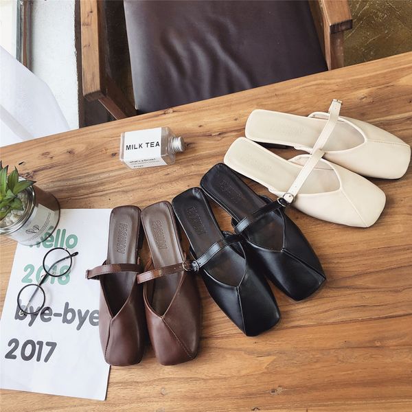 

flat shoes female woman's slippers slides loafers square toe fashion 2020 summer luxury cover retro basic bonded leather buckle, Black