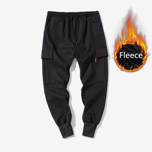 

зима густой шерсти хип-хоп sweatpants мужчины streetwear mult карманов в японском стиле рыхлый шаровары мужские случайные брюки бегуны, Black