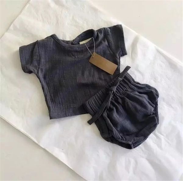 

dhl ins toddler baby boys girsl suits linen organic cotton short sleeve tees + bloomers sets kids girls clothing suits 0-2t, White