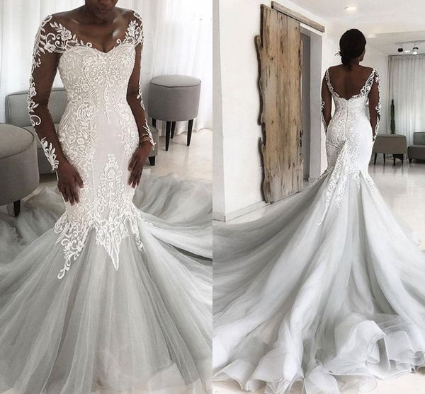 

african lace robe de soiree illusion back mermaid wedding dress fashion princess long tail wedding gowns with sleeves, White