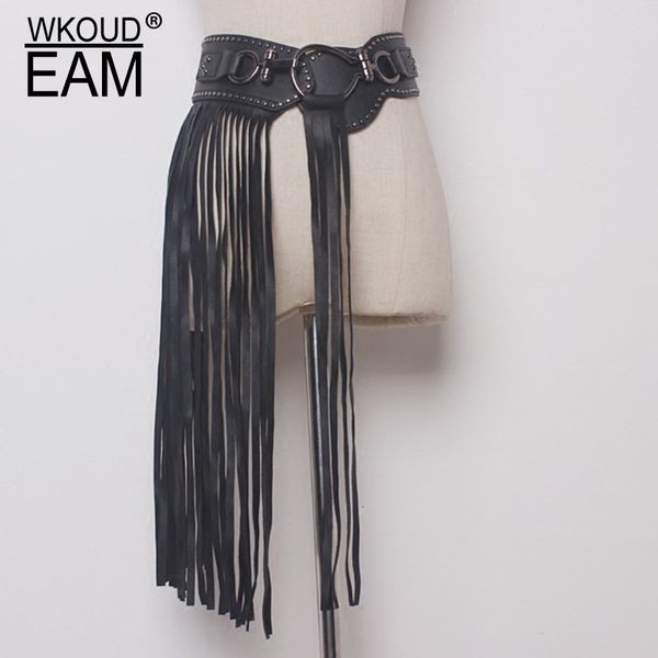 

wkoud eam 2020 new fashion casual tide metal ring rivet tassel imitation leather belt women high street solid belt female a44, Black;brown