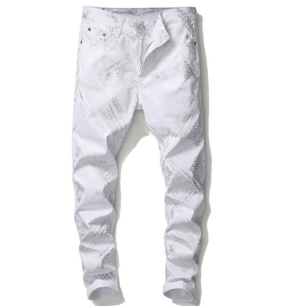 

mens fashion white print skinny jeans nightclub pants stretch cotton denim #5639, Blue