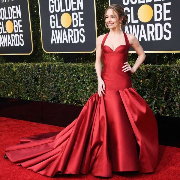 

2019 red carpet evening dresses halter neck sleeveless backless sheath party gowns with detachable train plus size prom dresses, Black;red