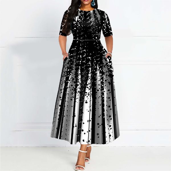 

fashion women half sleeve elegant a line boho bandage print long midi dress ladies casual slim ladies dress robe vestidos, Black;gray