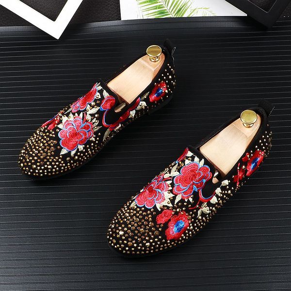 

2020 street new crystal embroidery flower dress gold shoes flat loafers for men formal dress wedding nightclub party shoes, Black