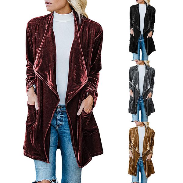 

2019 autumn winter new fashion slim womens drape velvet jacket open front cardigan coat with pockets z730, Black