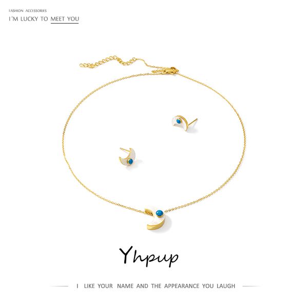 

yhpup trendy earrings necklace jewelry set gold stainless steel natural shell moon elegant for women party jewelry accessories, Silver