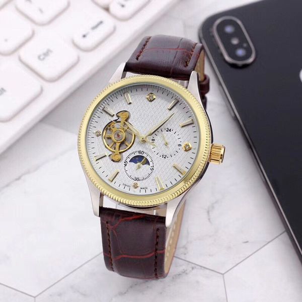 

brand gold mens watches 40mm dial moon phase waterproof fashion man wristwatches mechanical automatic leather strap watch for men's fat, Slivery;brown