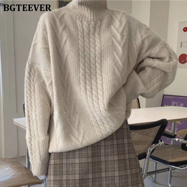 

bgteever women casual loose sweaters winter warm turtleneck twisted striped knitting pullovers 2019 female knit jumpers, White;black