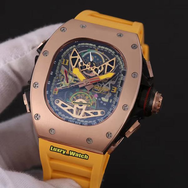 

new version rm 50-02 acj tourbillon skeleton dial japan miyota automatic rm50-02 mens watch rose gold case rubber strap sport watches, Slivery;brown